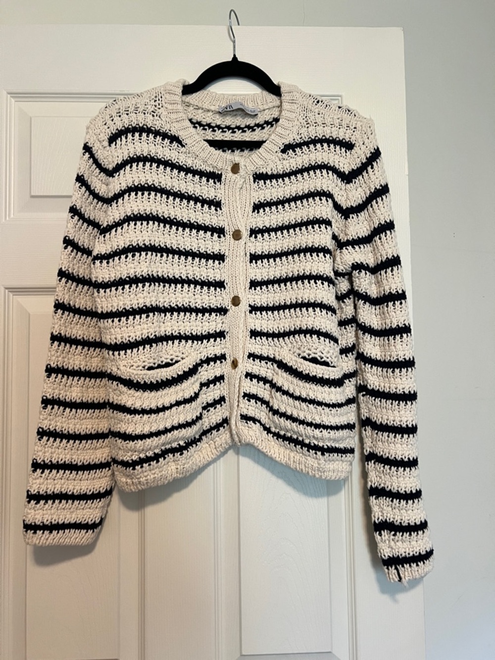 Zara Cream and Black Striped Button-Front Cardigan